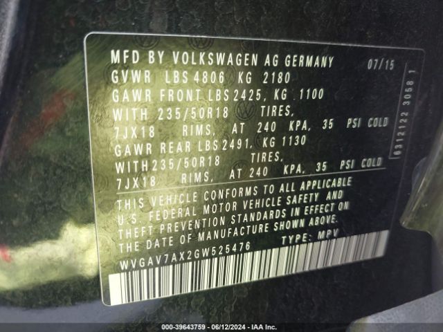 WVGAV7AX2GW525476 Volkswagen TIGUAN SE