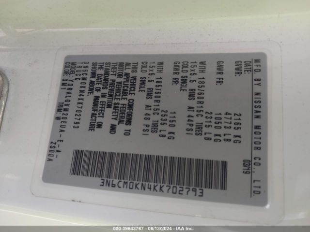 3N6CM0KN4KK702793 Nissan NV200 SV
