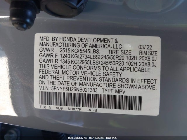 Honda Pilot 2wd Special Edition 2022 5FNYF5H26NB021383 Image 9