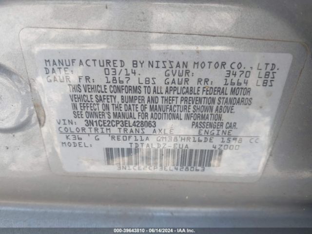 3N1CE2CP3EL428063 Nissan Versa Note Sv