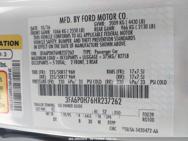 Ford FUSION SE 2017 3FA6P0H76HR237262 Image 9