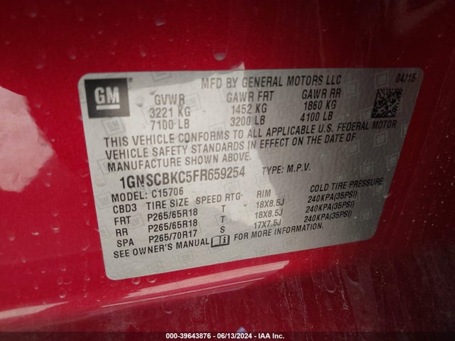 Chevrolet Tahoe Lt 2015 1GNSCBKC5FR659254 Image 9