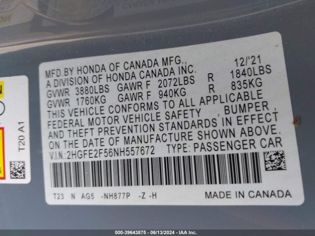 2HGFE2F56NH557672 Honda Civic Sport