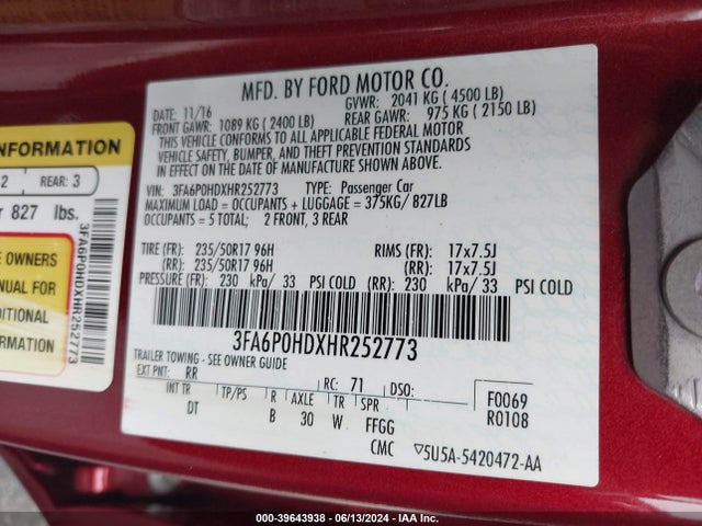 Ford FUSION SE 2017 3FA6P0HDXHR252773 Image 9