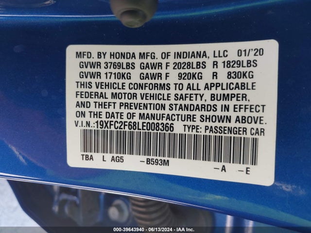 Honda Civic Lx 2020 19XFC2F68LE008366 Image 9