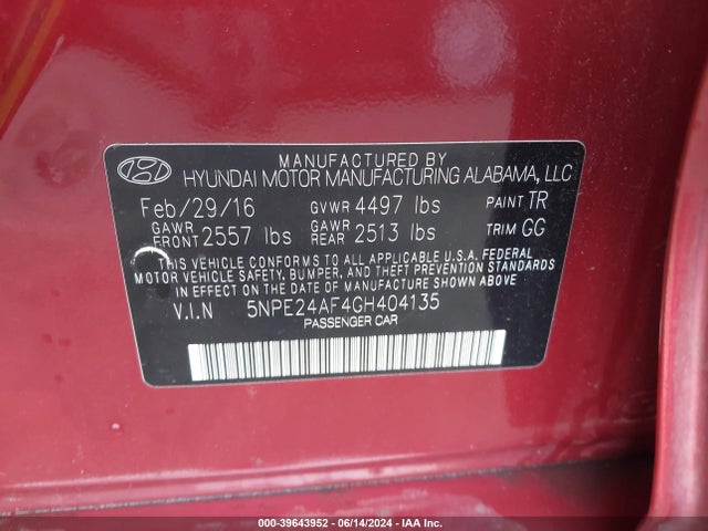 Hyundai Sonata 2016 5NPE24AF4GH404135 Image 9