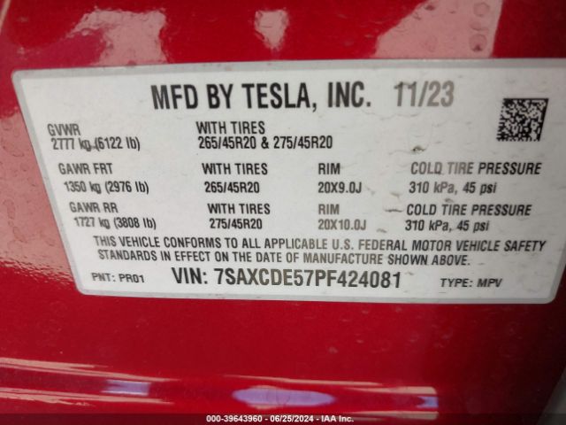 7SAXCDE57PF424081 Tesla Model X Dual Motor All-wheel Drive/standard Range