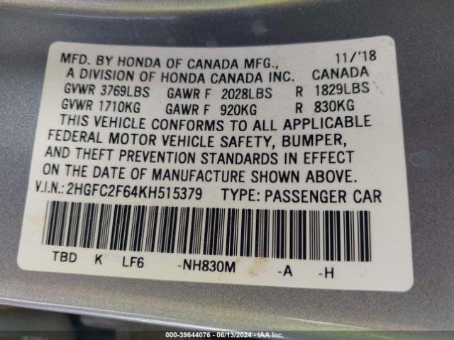 2HGFC2F64KH515379 Honda Civic Lx