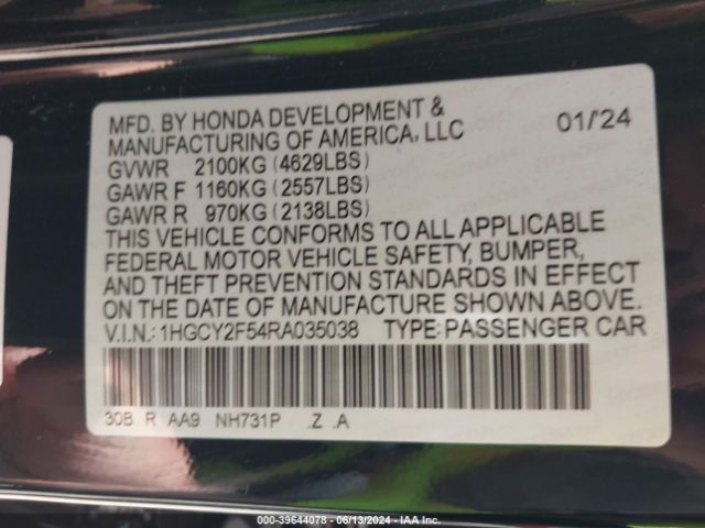 1HGCY2F54RA035038 Honda Accord Hybrid Sport