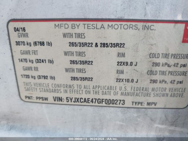 5YJXCAE47GF000273 Tesla Model X 60d/p100d/p90d