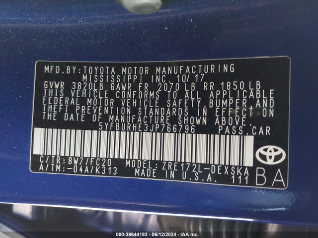Toyota COROLLA SE 2018 5YFBURHE3JP766796 Image 9
