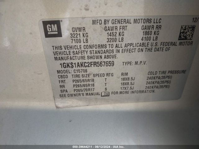 1GKS1AKC2FR567659 GMC YUKON SLE