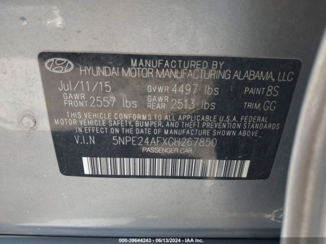 5NPE24AFXGH267850 Hyundai SONATA SE
