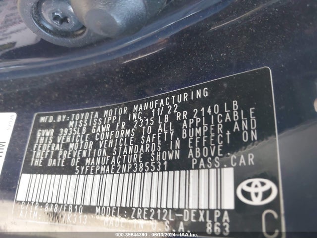 Toyota COROLLA LE 2022 5YFEPMAE2NP385531 Image 9