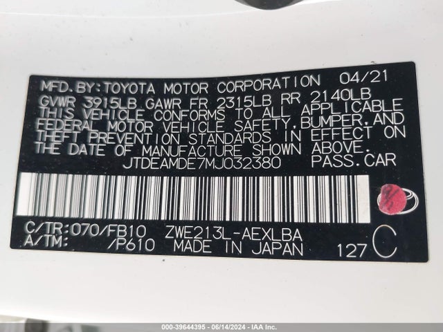 JTDEAMDE7MJ032380 Toyota Corolla Hybrid Le
