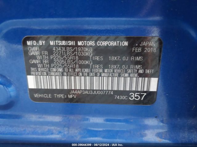 JA4AP3AU3JU007774 Mitsubishi Outlander Sport 2.0 Le