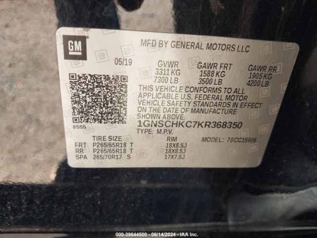 1GNSCHKC7KR368350 Chevrolet Suburban Lt