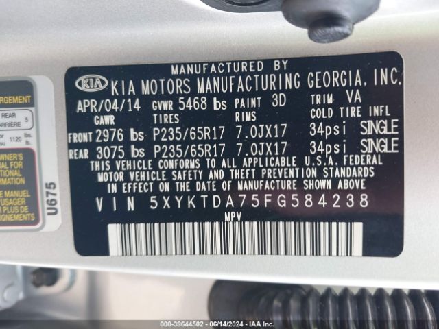 5XYKTDA75FG584238 KIA Sorento Lx V6