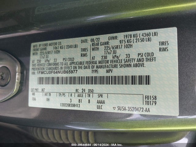 Ford ESCAPE S 2022 1FMCU0F64NUB65977 Image 9