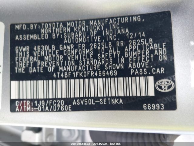 4T4BF1FK0FR466469 Toyota CAMRY LE