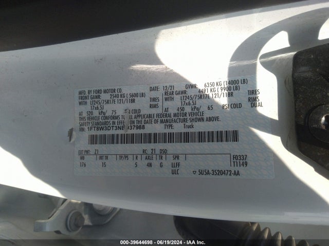 2022 Ford F-350 Xl მანქანა იყიდება აუქციონზე, vin: 1FT8W3DT3NED37988, აუქციონის ნომერი: 39644698