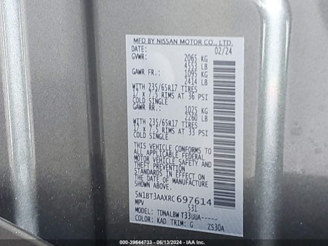 5N1BT3AAXRC697614 Nissan Rogue S Fwd