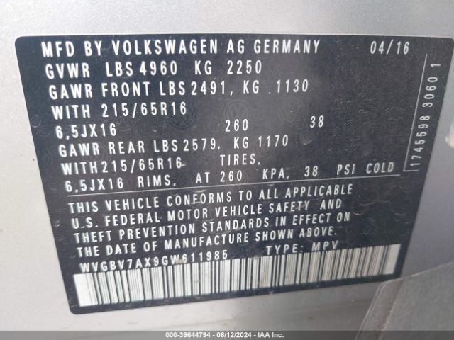 WVGBV7AX9GW611985 Volkswagen TIGUAN S