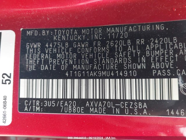 Toyota CAMRY SE 2021 4T1G11AK9MU414910 Image 9