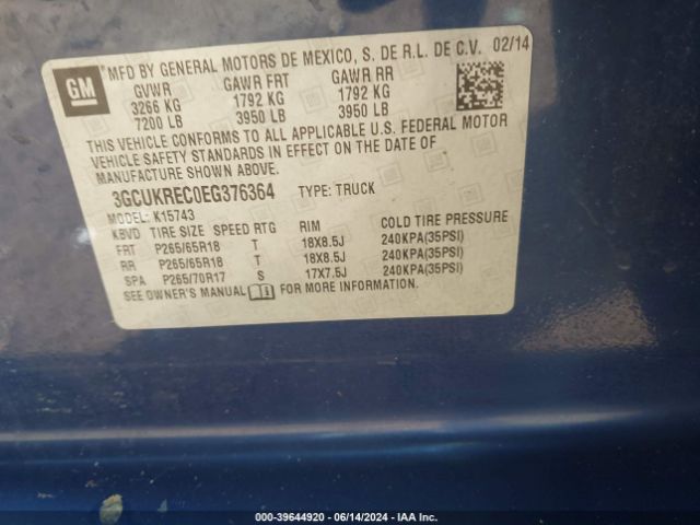 3GCUKREC0EG376364 Chevrolet Silverado 1500 2lt