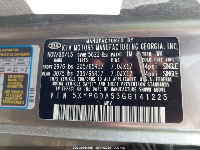 KIA Sorento 3.3l Lx 2016 5XYPGDA53GG141225 Image 9
