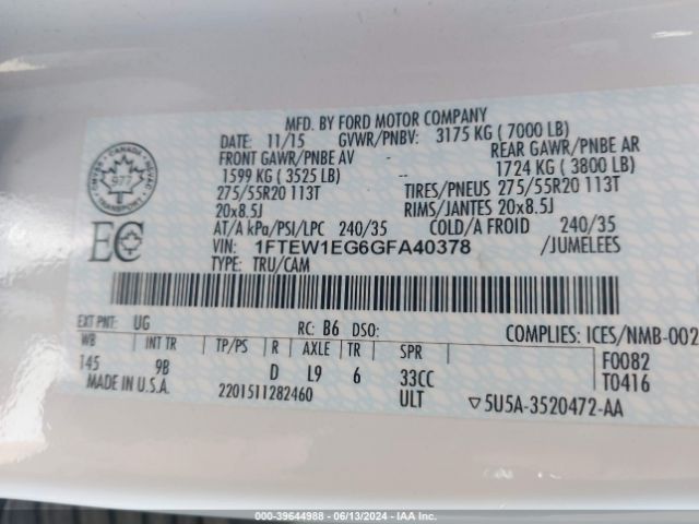 1FTEW1EG6GFA40378 Ford F-150 Platinum
