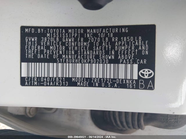 Toyota COROLLA LE 2019 5YFBURHE0KP902030 Image 9