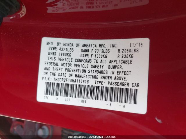 1HGCR2F10HA115915 Honda Accord Sport Se