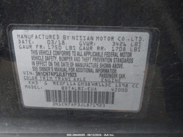 3N1CN7AP3JL871923 Nissan Versa 1.6 Sv