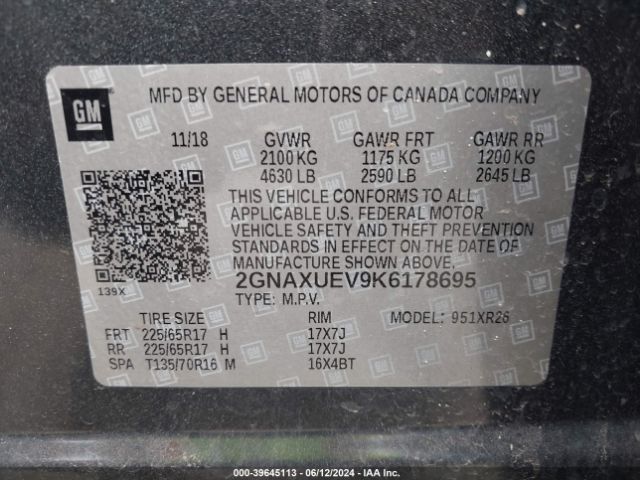2GNAXUEV9K6178695 Chevrolet EQUINOX LT