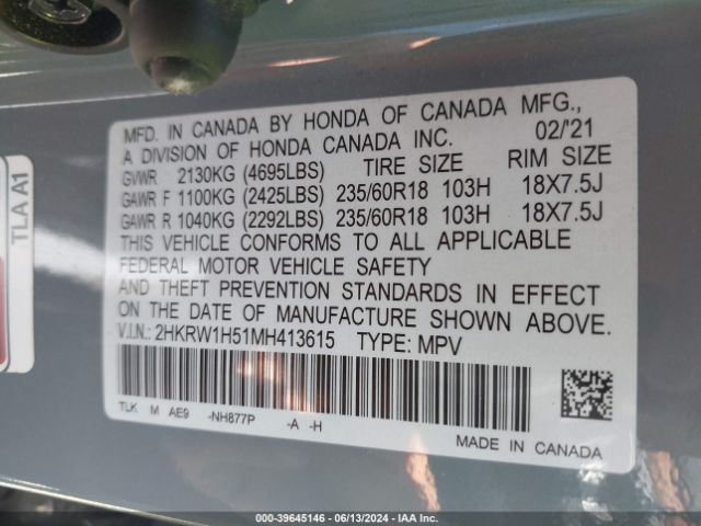 2HKRW1H51MH413615 Honda Cr-v 2wd Ex