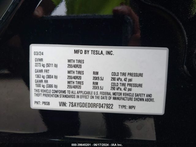 7SAYGDED0RF047922 Tesla Model Y Rwd