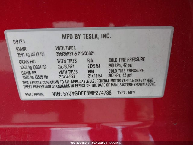 5YJYGDEF3MF274738 Tesla Model Y Performance Dual Motor All-wheel Drive