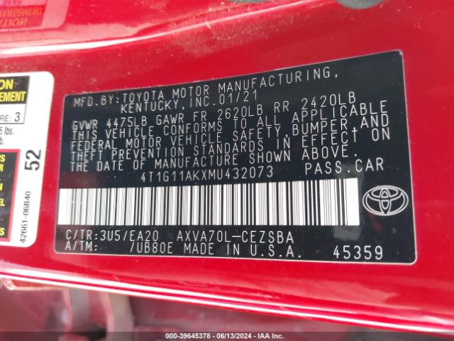 4T1G11AKXMU432073 Toyota CAMRY SE
