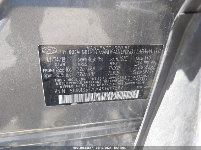Hyundai Santa Fe Limited 2.0t 2019 5NMS53AA4KH017549 Image 9