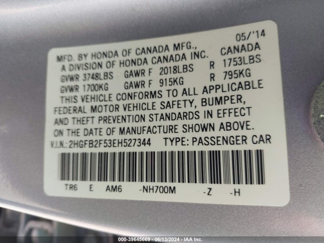 Honda Civic Lx 2014 2HGFB2F53EH527344 Image 9