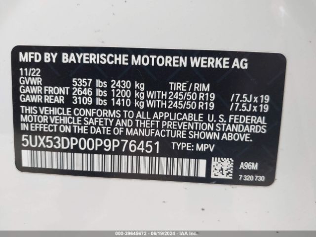 5UX53DP00P9P76451 BMW X3 Xdrive30i