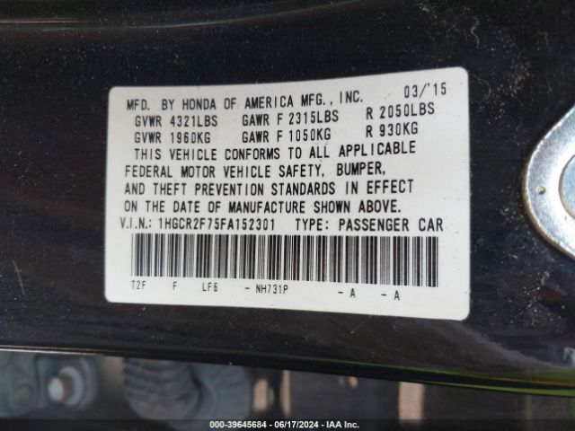 1HGCR2F75FA152301 Honda ACCORD EX
