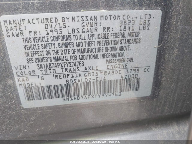 Nissan SENTRA SV 2015 3N1AB7APXFY274763 Image 9