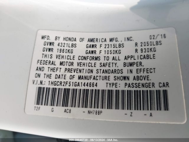 1HGCR2F51GA144664 Honda Accord Sport