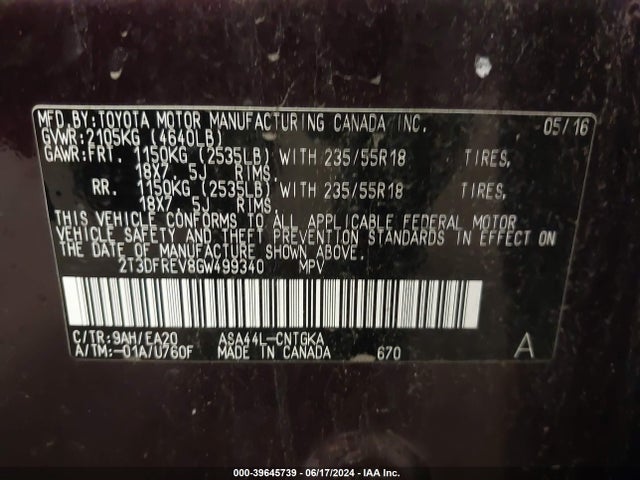 Toyota Rav4 Limited 2016 2T3DFREV8GW499340 Image 9