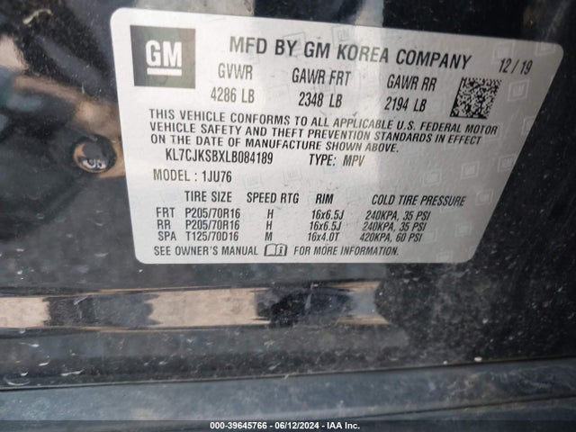 KL7CJKSBXLB084189 Chevrolet Trax Fwd Ls