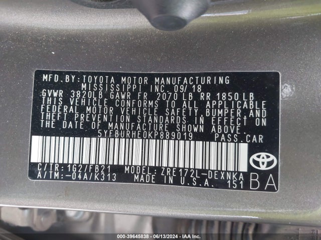 Toyota COROLLA LE 2019 5YFBURHE0KP889019 Image 9