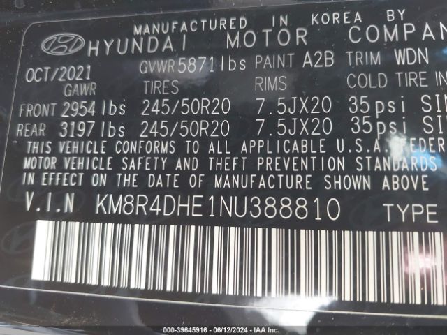 KM8R4DHE1NU388810 Hyundai Palisade Sel