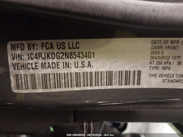 1C4RJKDG2N8543401 Jeep Grand Cherokee L Overland 4x4